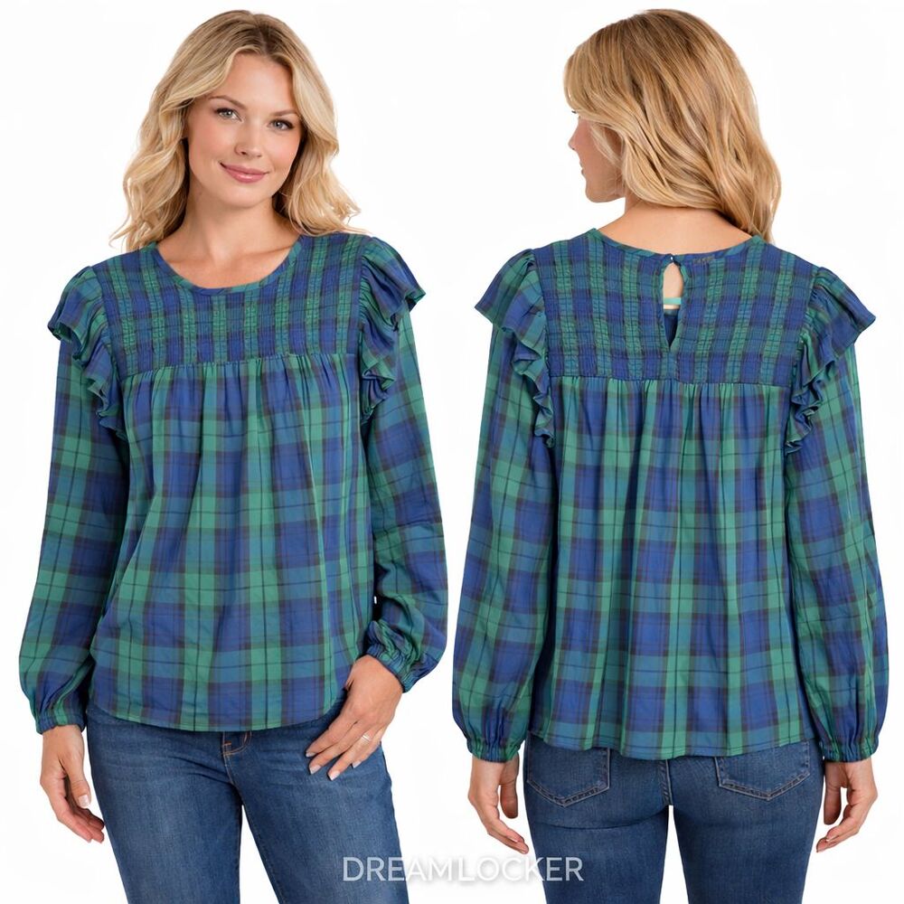 Vineyard‎ Vines Plaid Ruffle Trim Smocked Top Medium Blue Green Long Sleeve